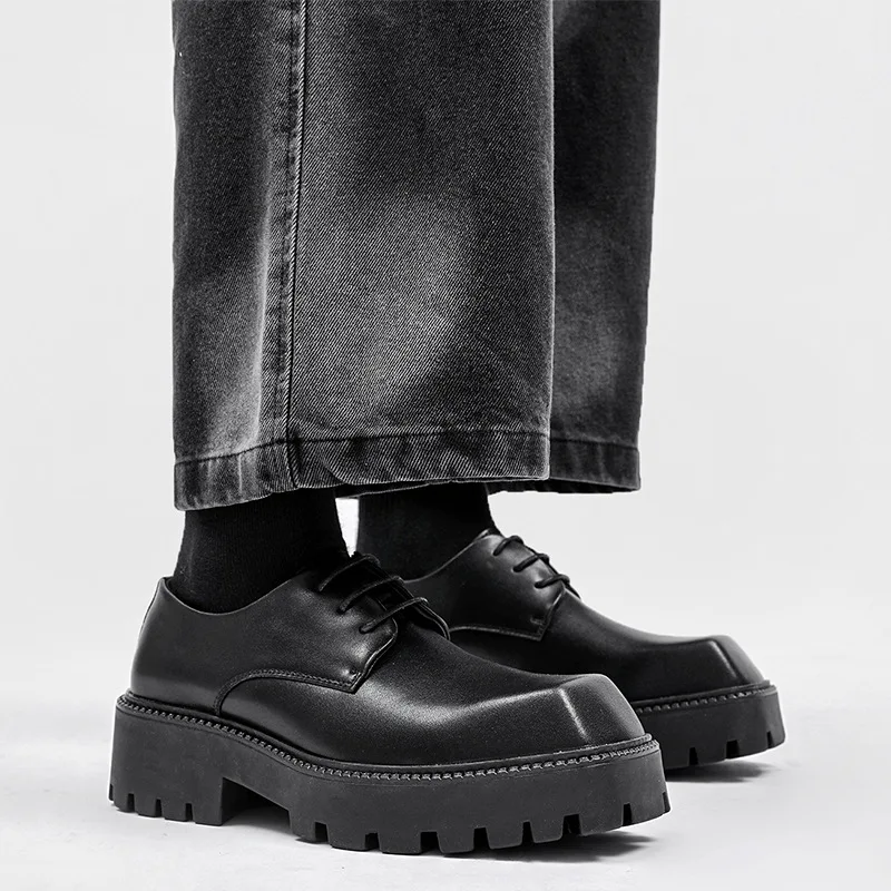 men casual business wedding dress shoes black platform derby shoe square toe genuine leather sneakers gentleman footwear zapatos