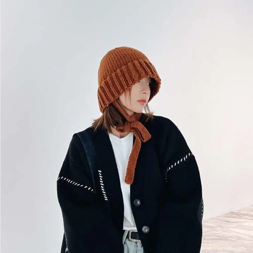 Sweet Bowknot Strap Knitted Hat Warm Cap Korean Crochet Basin Cap Jennie Style Solid Color Knit Beanie Winter