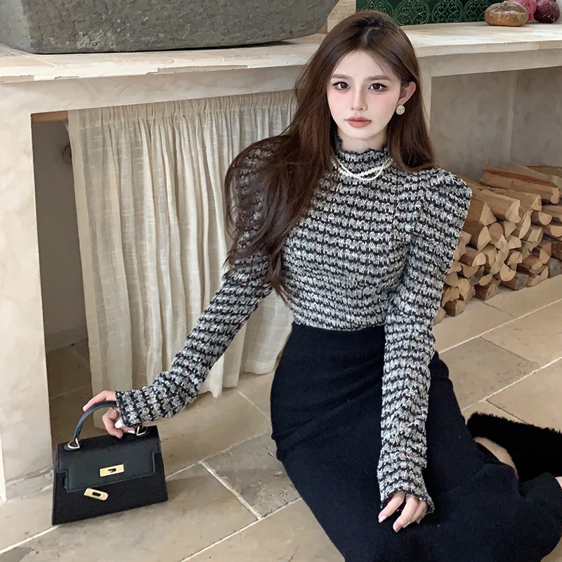 Y2K Striped Women T Shirts Korean Elegant Slim Turtleneck Female Casual Tees Autumn Puff Sleeve New Chic Ladies Crop Top