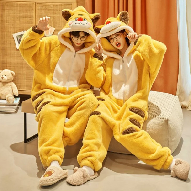 Winter Anime Couples Pajamas Jumpsuits Women Men Thicken Hoodies Sleepwear Tiger Soft Warm Home Wear