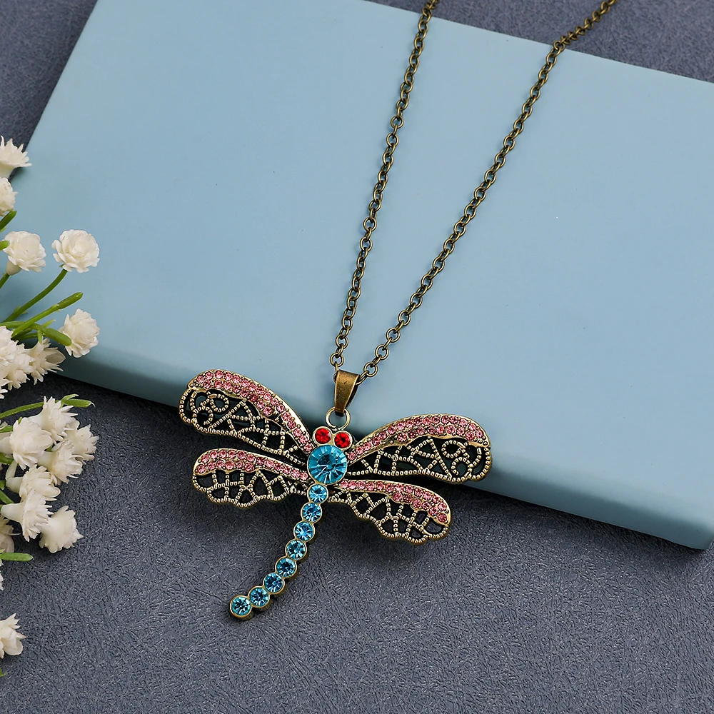 Vintage Crystal Dragonfly Pendant Necklace Antique Bronze Filigree Insect Jewelry Gift for Women