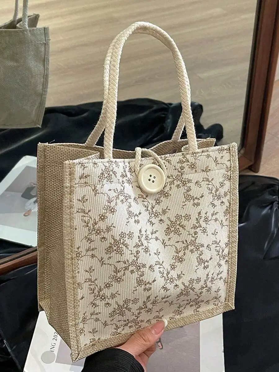 

Floral Printed Linen Tote Bag With Button Decor, Casual Square Handbag For Women