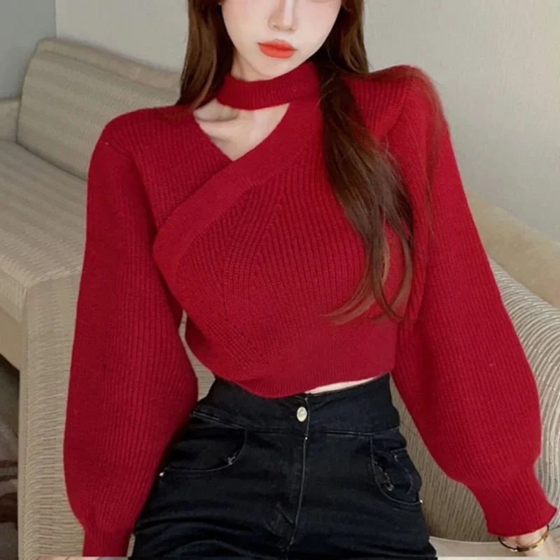 

Fashion Puff Sleeve Short Knitted Sweaters Women Sexy Hollow Out Crop Tops Autumn Winter American Trend Spicy Girl Pullovers