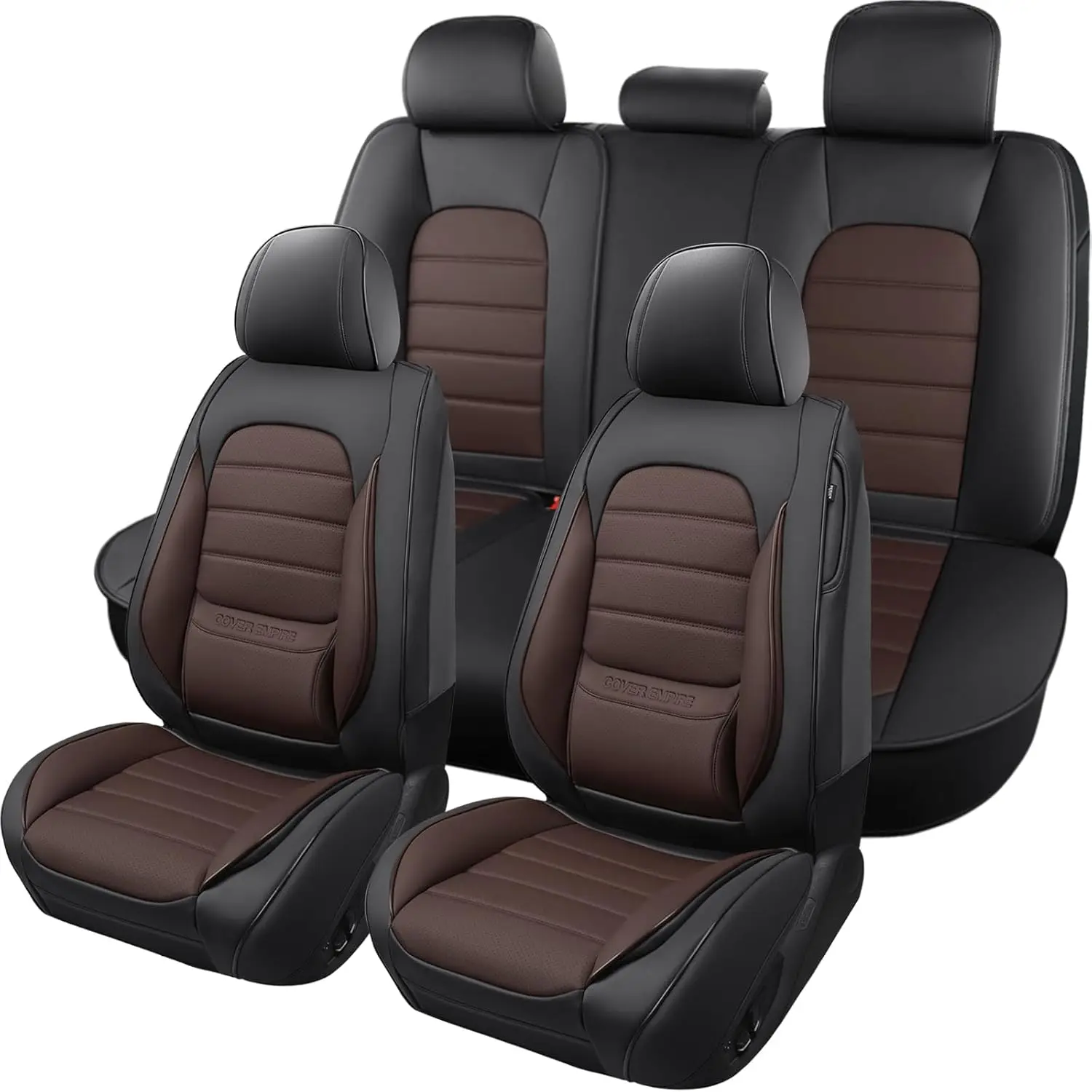 Universal 5-Seat Car Seat Covers, Leather, Black & Brown, Waterproof and Breathable for Most Sedans, Trucks, SUVs