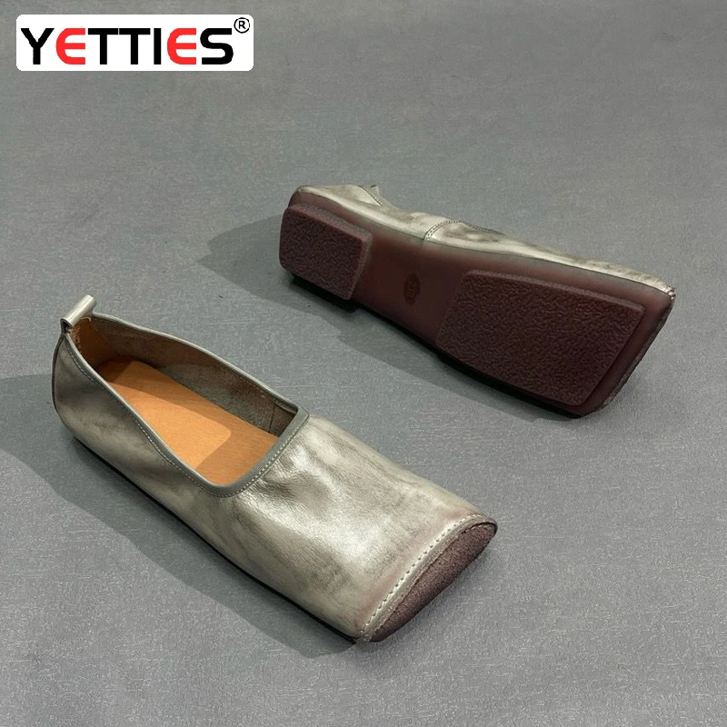 

Original Design New Retro Polished Cowhide Single Shoes Handmade Square Headed Flat Shoes Distress Soft Cowhide Women's Shoes