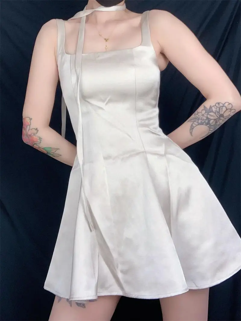 Hebe Sle Satin A-Line ter Dr Vintage Square Collar Waist-Cinching Slimming Drapey Design ort Skirt Women's Dr