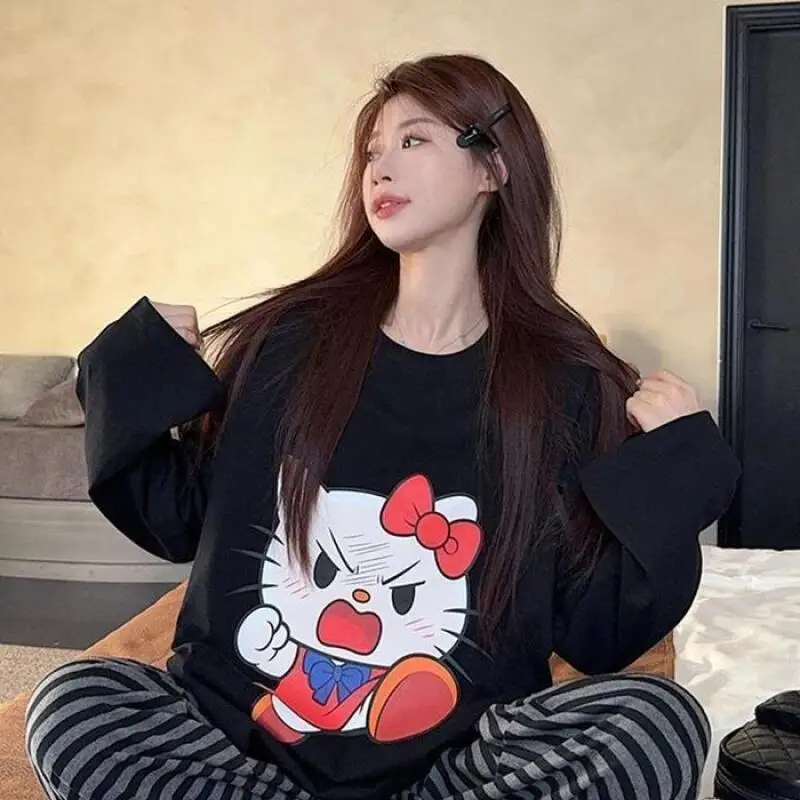 Sanrio HelloKitty Girl Kawaii Anime Fashion Student Casual Long-Sleeved Autumn and spring shirt Round neck Pullover New tops