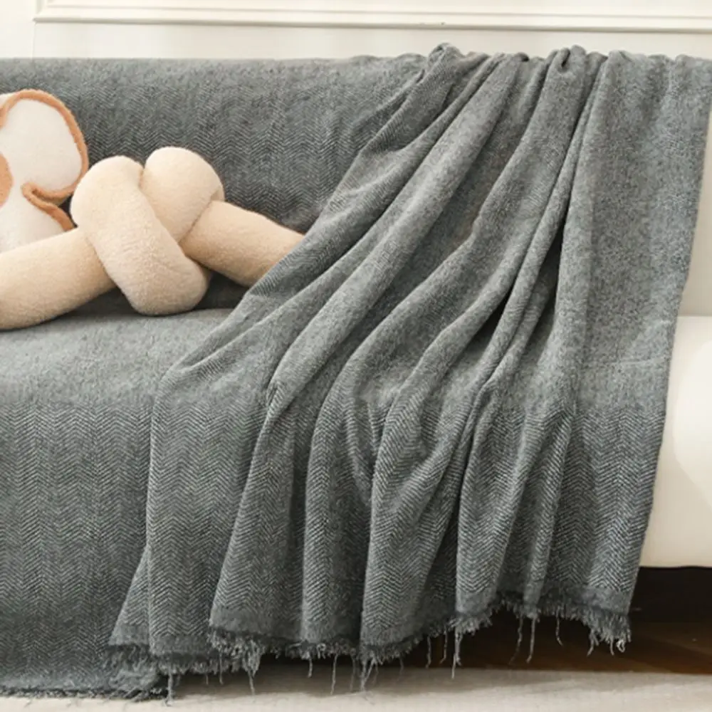

Herringbone Texture Chenille Couch Cover Solid Color With Tassel Edge Sofa Cover Skin-friendly Wear Resistant Sofa Towel