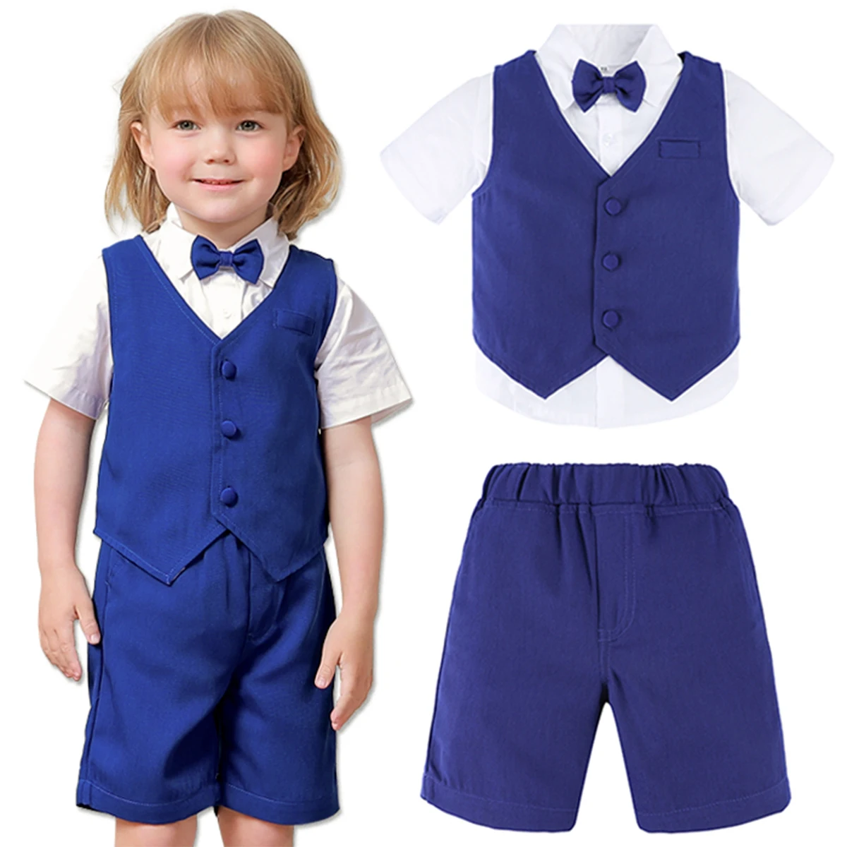 

Baby Boy Suit Set Wedding Infant Birthday Party Costume Kids Ceremony Outfit Gentleman Short Sleeve Shirt + Pants + Vest 3PCS