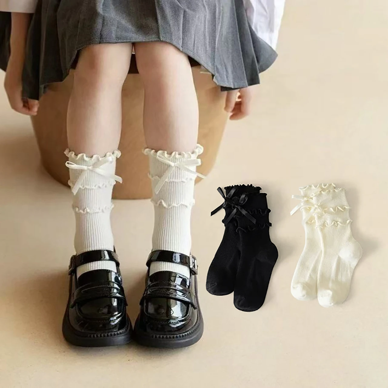 

Girl Lace Ruffle Calf Socks Lolita Pincess Stocking 1-12Year Spring Autumn Cotton Sock Kids Footwear Sweet Bow Children Leg Sock