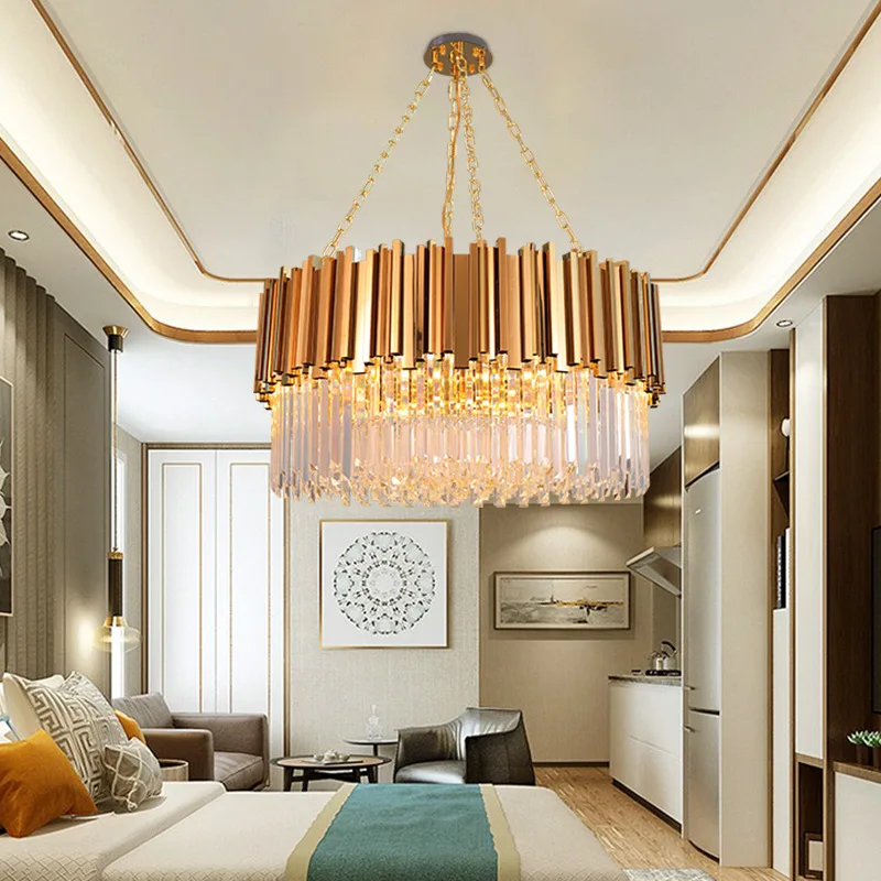 

Gold Modern Crystal Chandelier For Living Room Luxury Round/Rectangle Hanging Lamp Home Indoor Chain LED Cristal Light Fixtures