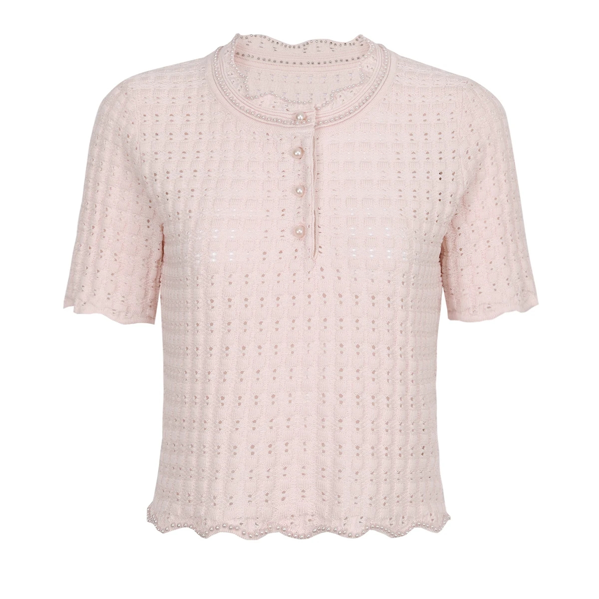 

Summer New High-Quality Fashionable Temperament Commuter Women's Versatile Pearl Hollow Knitted Sweater Round Neck T-Shirt Top