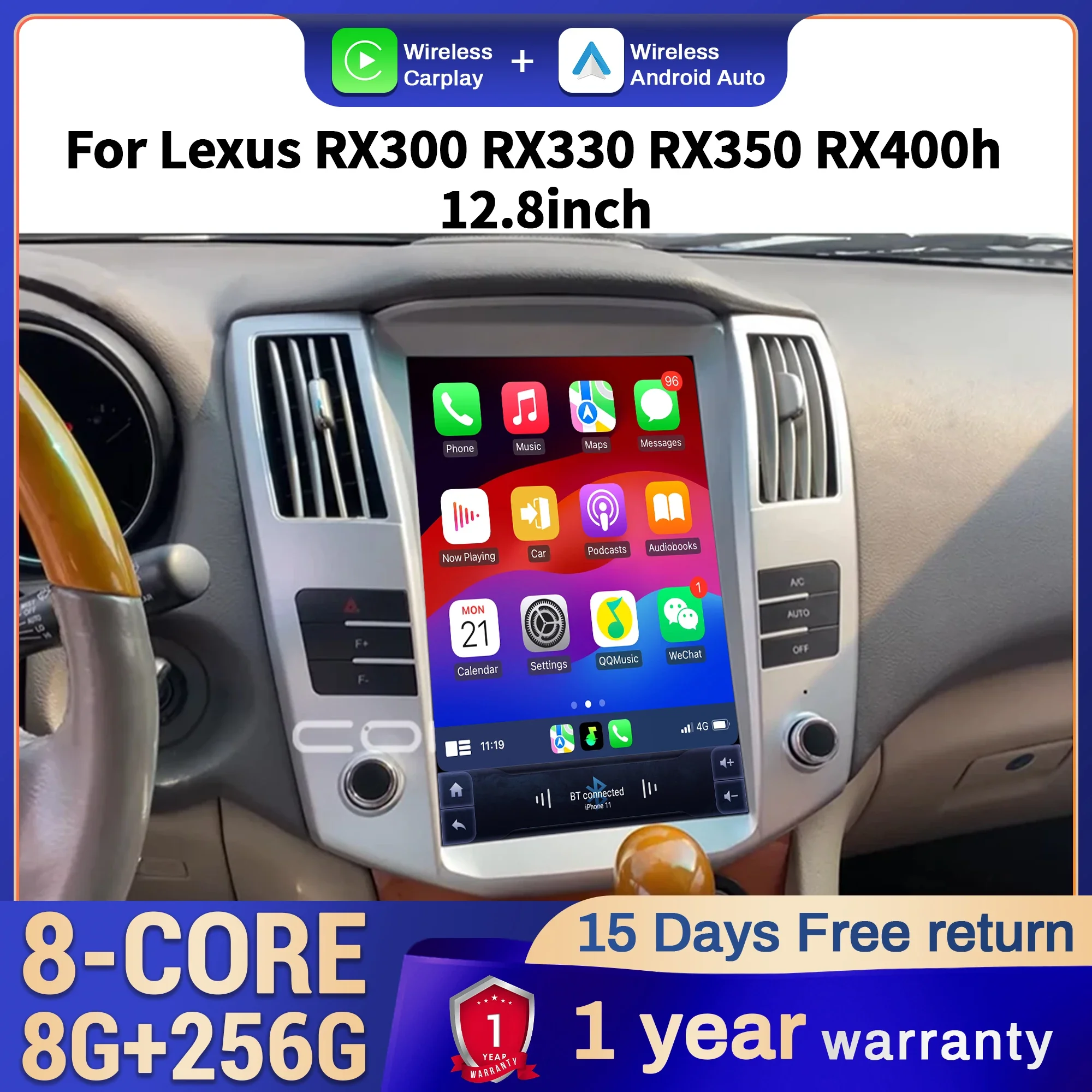 

12.8 inch Car Radio For Lexus RX300 RX330 RX350 RX400h Android 14 4G Head Unit Wireless Bluetooth CarPlay Touch Screen Stereo
