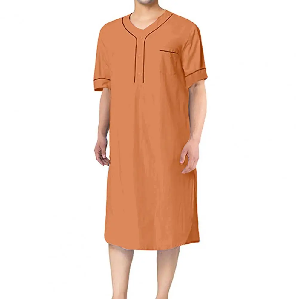 Men V-neck Short Sleeve Casual Nightgown Patch Pocket Solid Color Mid-calf Length Sleep Robe Leisure Nightdress Home Wear