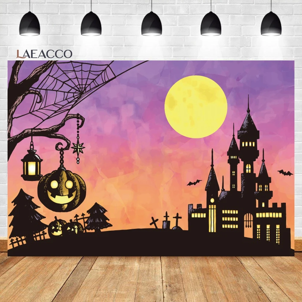 Laeacco Happy Halloween Backdrop Trick or Treat Pumpkin Ghost Hat Skull Cartoon Ghost Birthday Portrait Photography Background