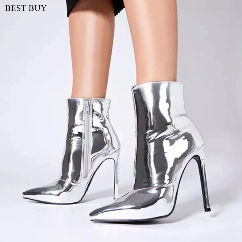 

bast buy Women Ankle Boots Side Zip Thin High Heels Booties Pointed Toe Gold Silver Metal Mirror Shoes Woman Big Size 35-44