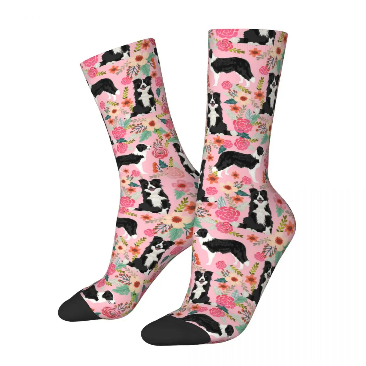 Border Collie Pink Floral Dog Socks Men's Women's Polyester Fashion Socks Spring Summer Autumn Winter Middle Tube Socks Gift