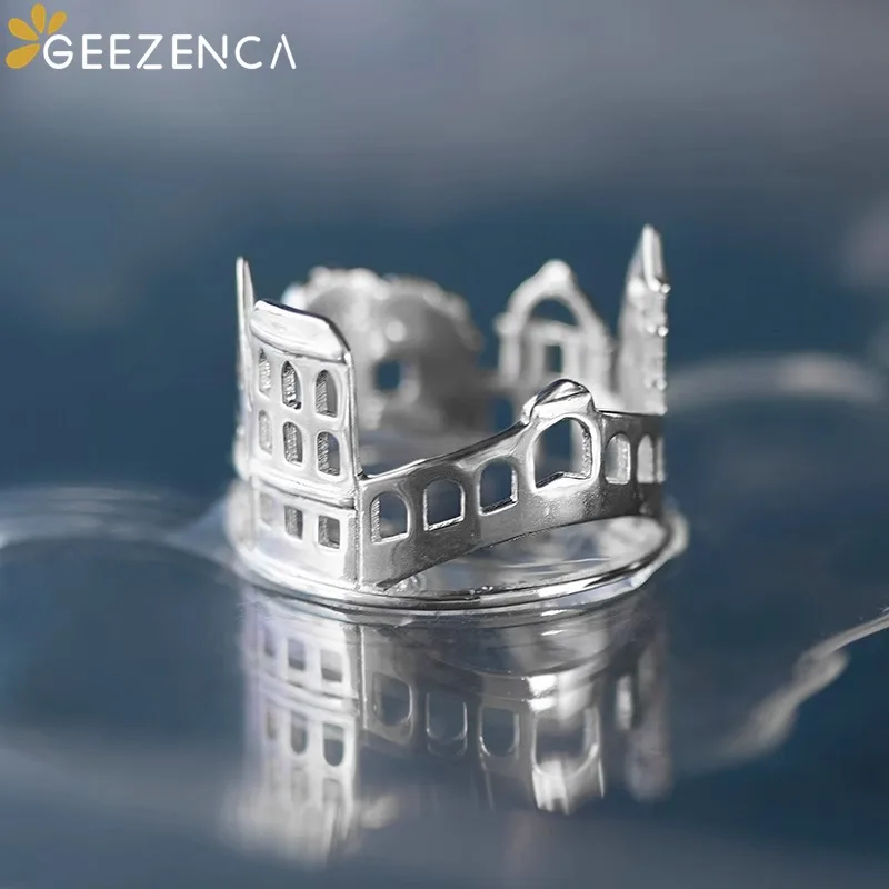 GEEZENCA 925 Sterling Silver Hollow Out Venice Bridge Women's Ring Original Design Famous City Architecture Unusual Rings 2023