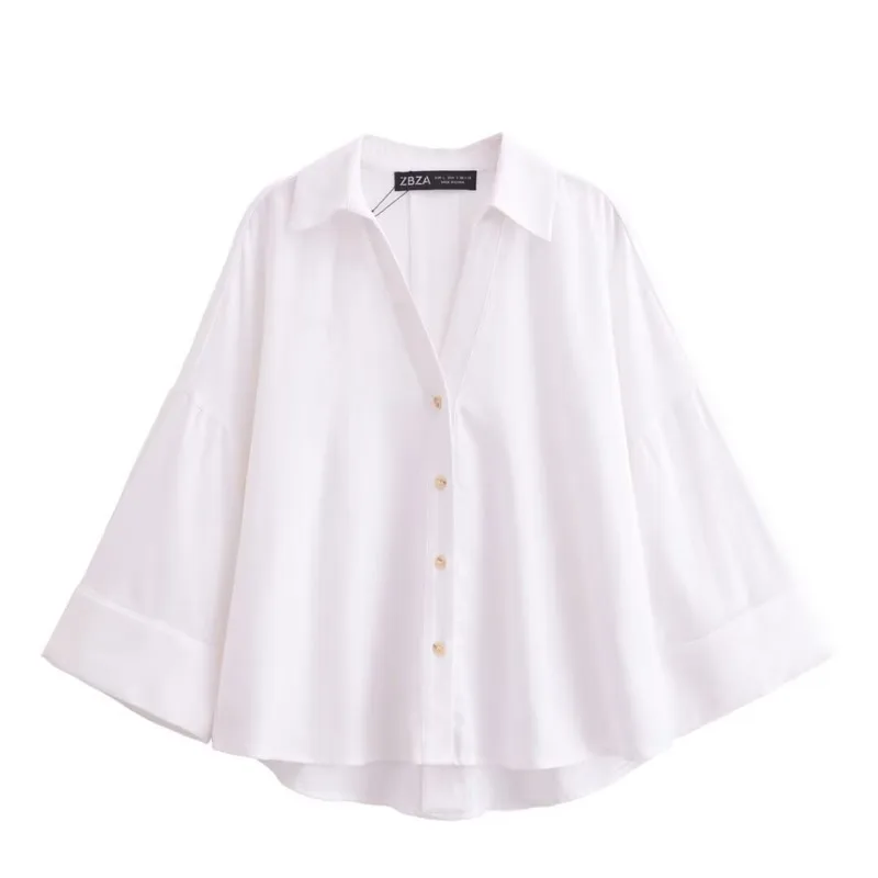 Women Wide Sleeved Shirt Pure Cotton Asymmetric Hem Button Women's Shirts Simple Lady Johnny Collar Shirts & Blouses