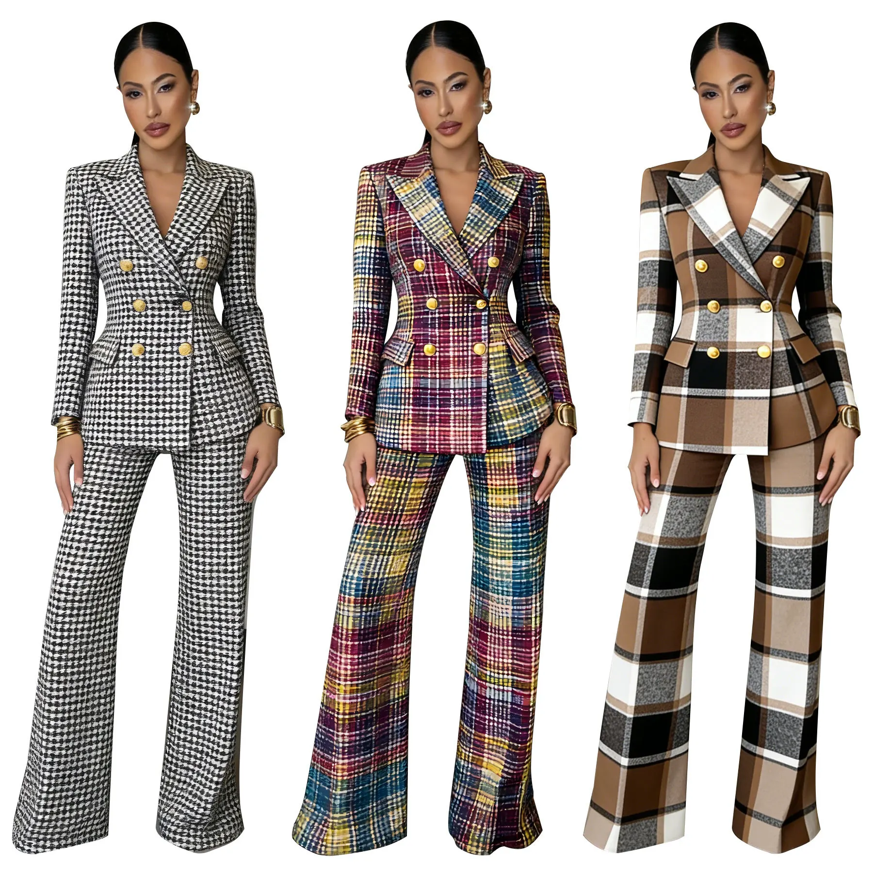 

EINY Стильный женский костюм с принтом в клетку: приталенный пиджак с лацканами и длинными рукавами, и брюки прямого кроя с высокой талией, комплект из 2 предметов для офиса, стиль y2k