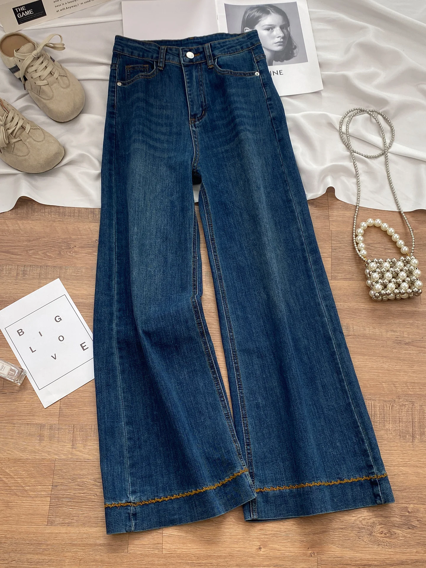 

Женские джинсы, осенние модные расклешенные джинсовые брюки с вышивкой, корейские эластичные утягивающие брюки до щиколотки с высокой талией