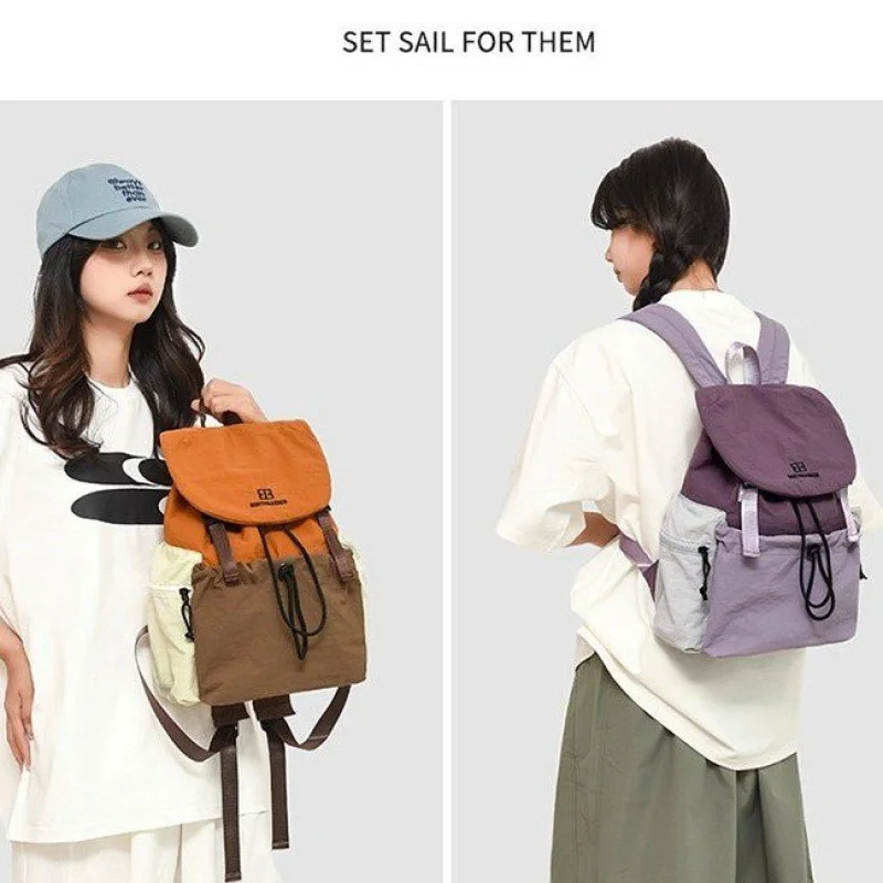 zipper2025spring-mochila-fresco-colorido-emenda-mochila-nylon-material-impermeavel-feminino-coracao-mochila-de-viagem