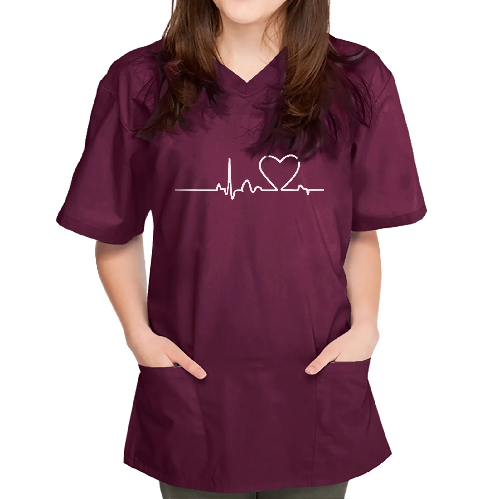 Women Heart Print Nurses Uniform Short Sleeve V-neck Tops Working Uniform Printing Pocket Blouse Tops Pet Grooming Uniforms New