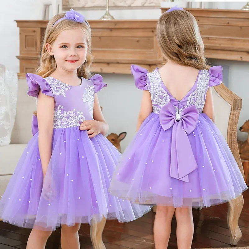 Summer Princess Baby Girls Tutu Dress Weddings Party Dress Birthday Dresses for Toddler Kids Pearls Bow Costumes Lace Gown 1-5Y