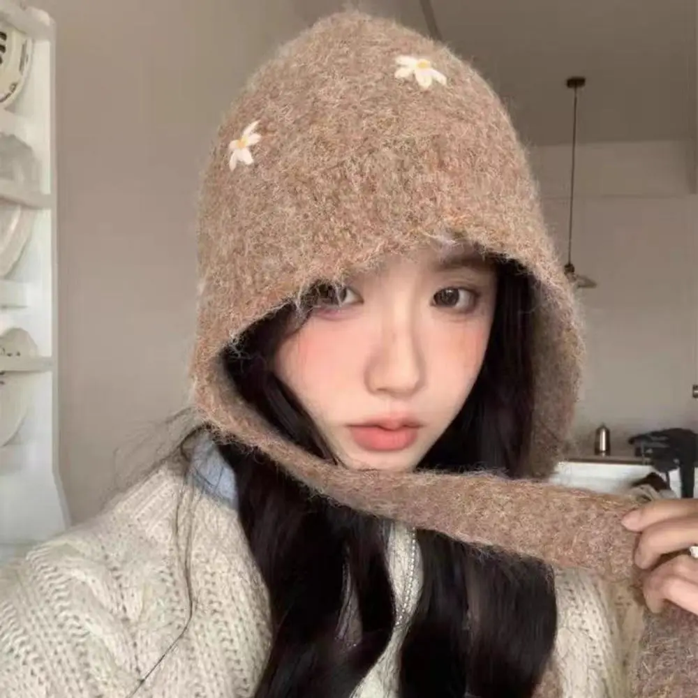 

Sweet Knitted Balaclava Hat Embroidered Flowers Keep Warm Neck Collar Beanies Cap Neck Protector Coldproof Pullover Cap Winter
