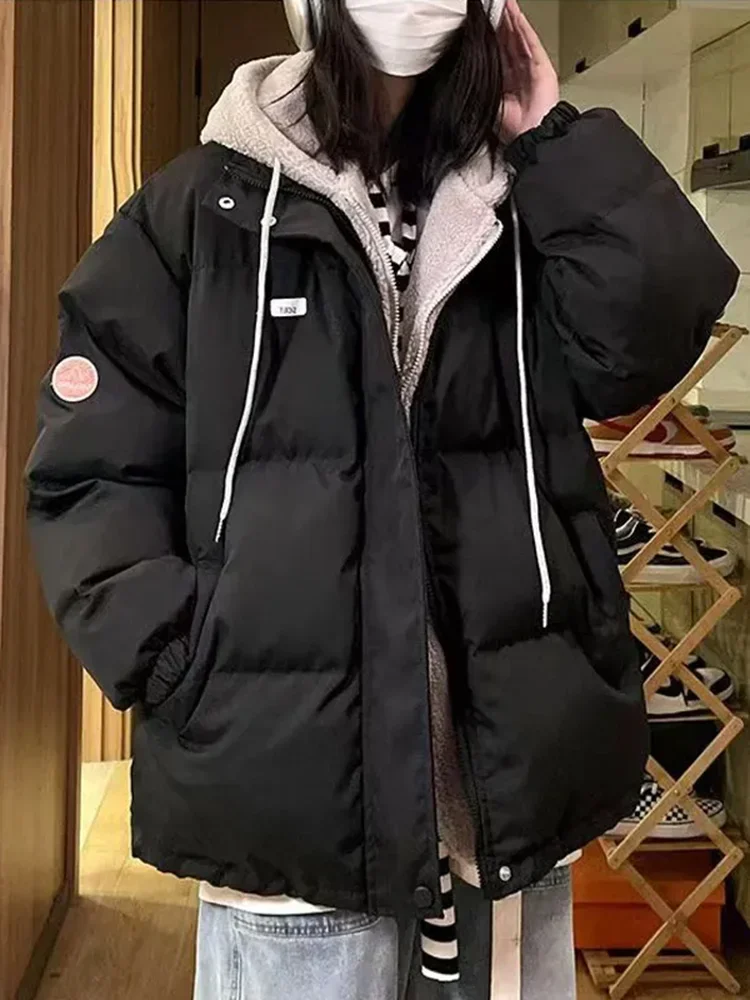 Feminino falso dois itens com capuz engrossar parkas inverno quente zíper solto para baixo algodão abrigos topos casual coreano manga longa casacos novo