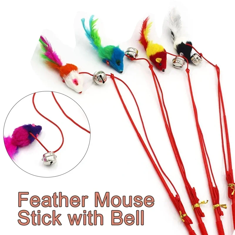 Cat Funny Feather Mouse Stick with Bell Playing Dangle Faux Mice Tease Fun Kitten Rod Toy Interactive Fishing Rod Wand for Cats