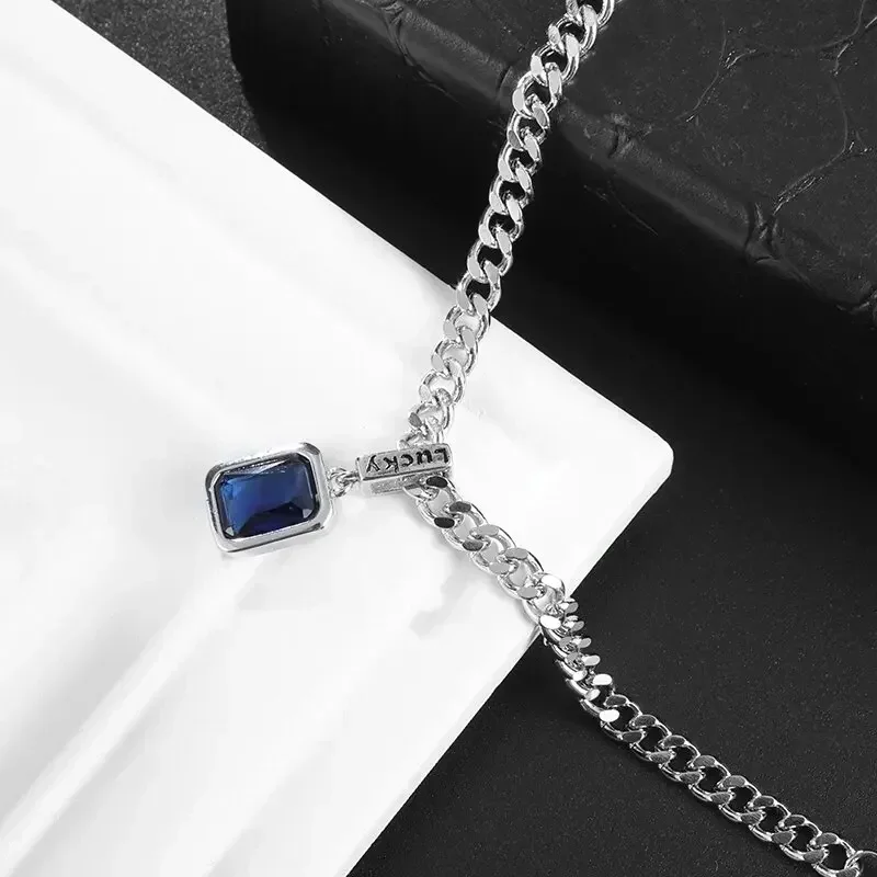 Silver Plated Square Blue Zirconia Bracelet Cuban Type Stainless Steel Bracelet Matching Party Favors Fine Jewelry for Women