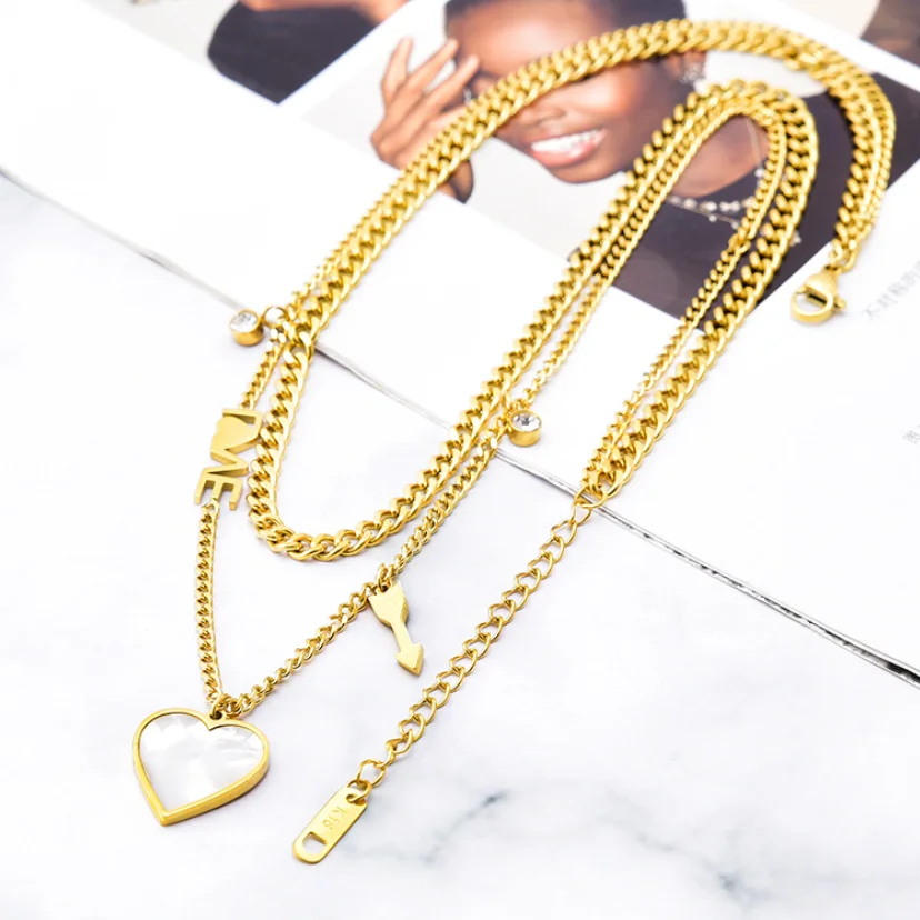 316L Stainless Steel New Fashion Fine Jewelry 2 Layer Zircon Love Cupid's Arrow Charm Chain Choker Necklaces Pendant For Women image 4