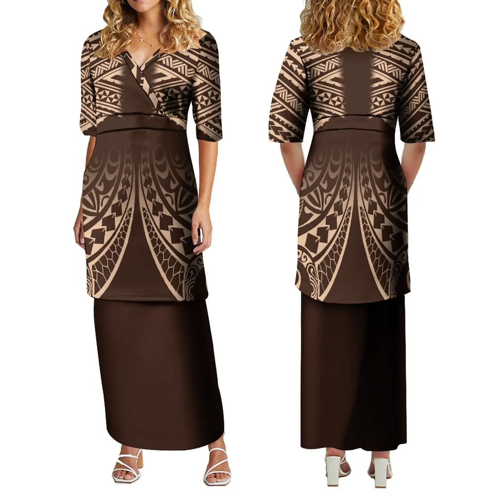 Polynesian V-Neck Summer Short Sleeved Elegant Maxi Top And Skirt Samoan Fijian Style Island Clothing And Ankle Maxi Skirt