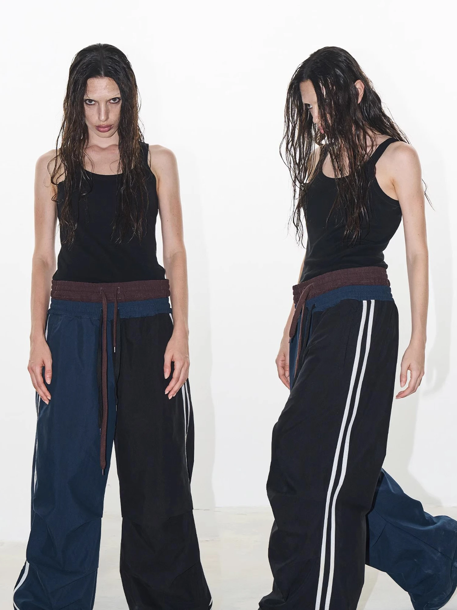 

Mauroicardi Spring Flowy Baggy Patchwork Wide Leg Pants for Mens with Drawstring Double Elastic Waist Luxury Designer Streetwear