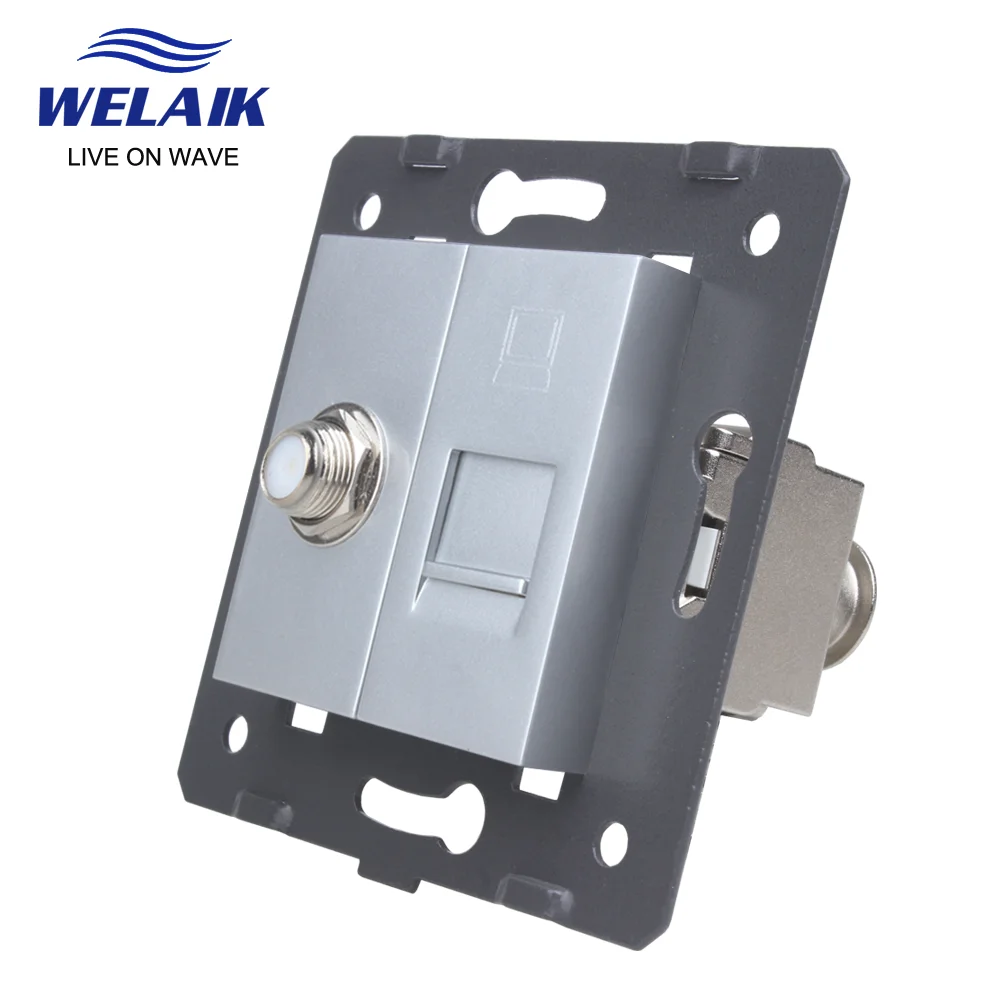 WELAIK EU Gray 45*45mm TV Computer Wall Power Socket Outlet Tempering Glass Panel DIY Parts Module Gather Zone