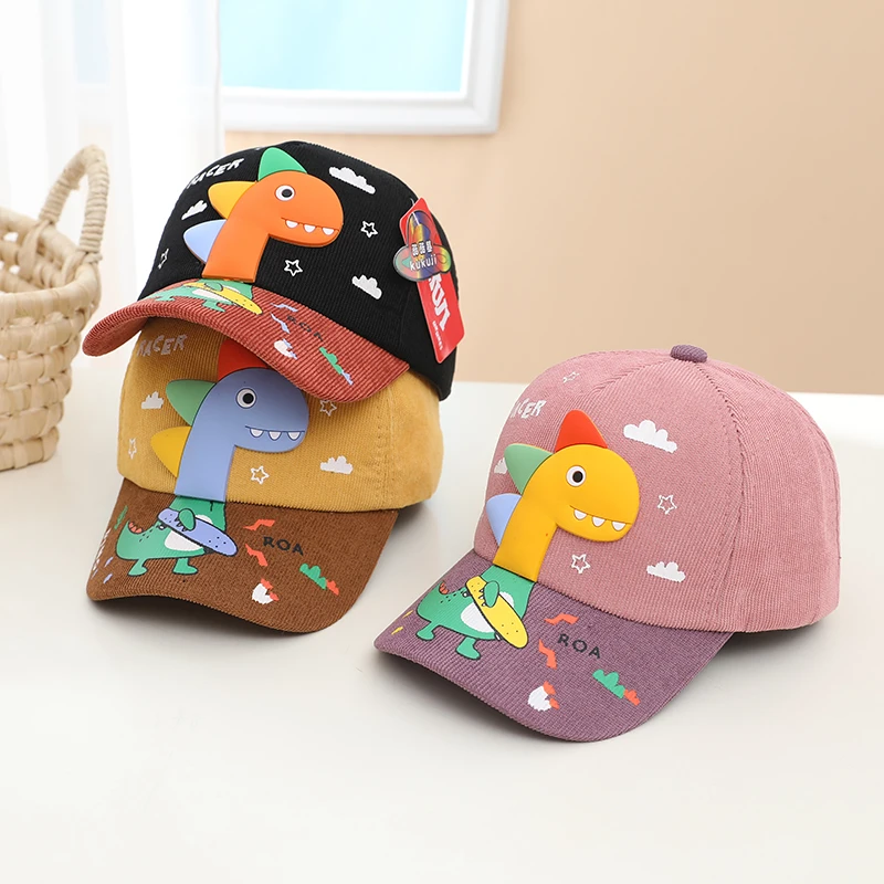 Spring Summer Child Cartoon Three-dimensional Dinosaur Outdoor Corduroy Collision Color Baseball Cap For Boy Girl Adjustable Cap