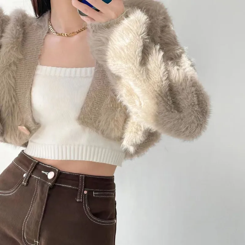 Fuzzy Crop Cardigan with One Button Front Soft Fluffy Knit Sweater Jacket Women Teen-girl Fall Winter Y2K Acubi Outfit