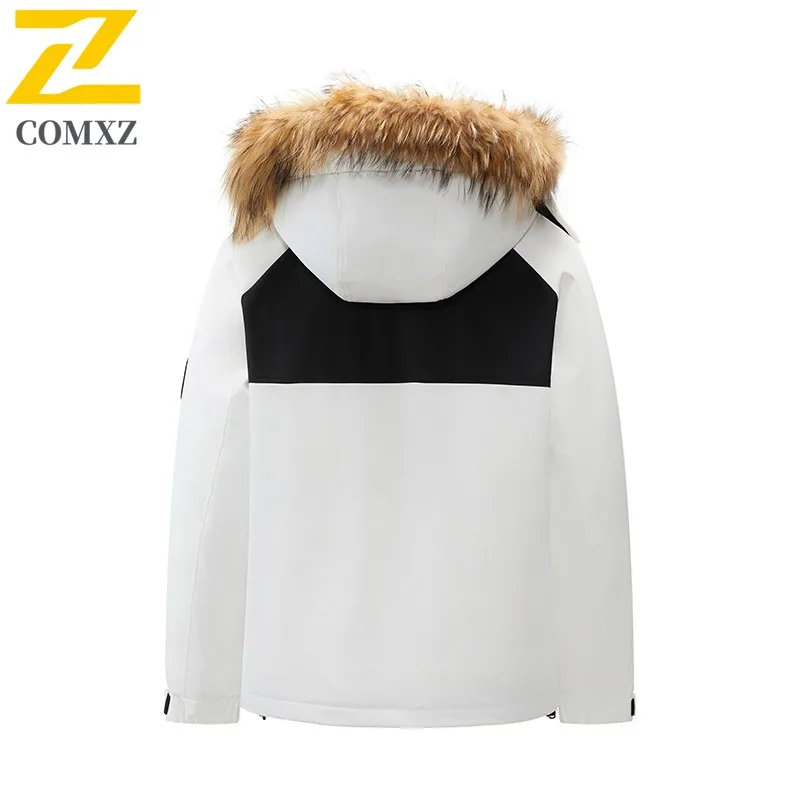 COMXZ Chaqueta ligera de plumón de pato blanco Cuello de piel con capucha Chaqueta acolchada de esquí de nieve a prueba de frío Ropa minimalista de viaje para hombres