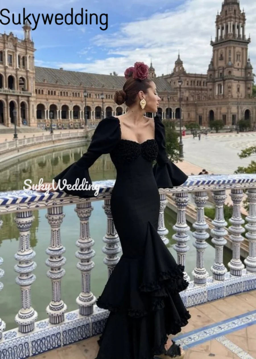 Black Mermaid Prom Dresses Long Sleeves Tiered Retro Palace Dresses Women Formal Party Gowns Flamenca Spanish Evening Gown