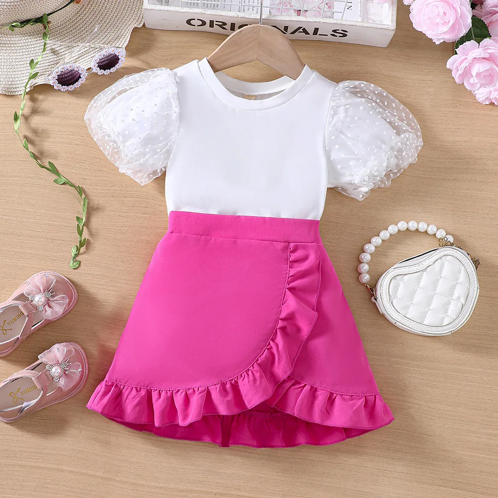 

2024 Summer Child Clothes Sets Short Puff Sleeve T-shirt Ruffles Rose Red Skirts 2 Piece Sets Designer Girls Clothes Sets 18M-6T