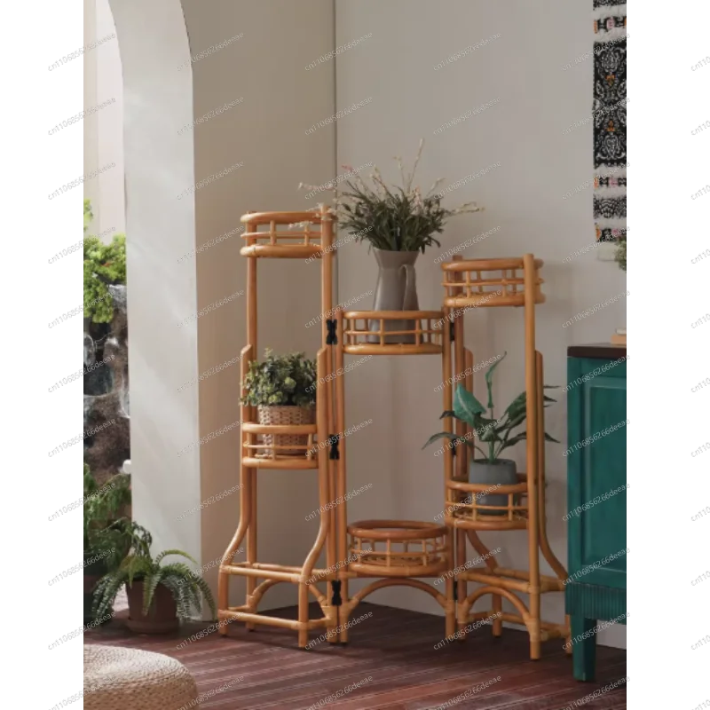 Folding Retro Rattan Flower Stand – Multi-Tiered Japanese Plant Stand for Balcony & Indoor