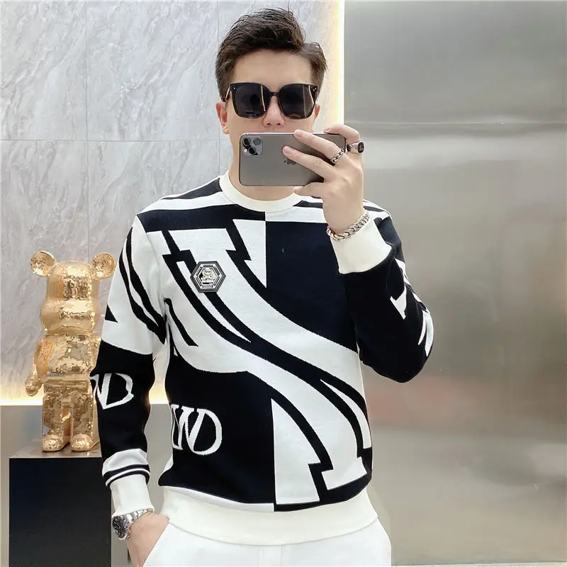 Trend Versatile Autumn New Men\'s O-Neck Printing Contrast Color Badge HighStreet Fashion Casual Long Sleeve Sweatshirts Tops