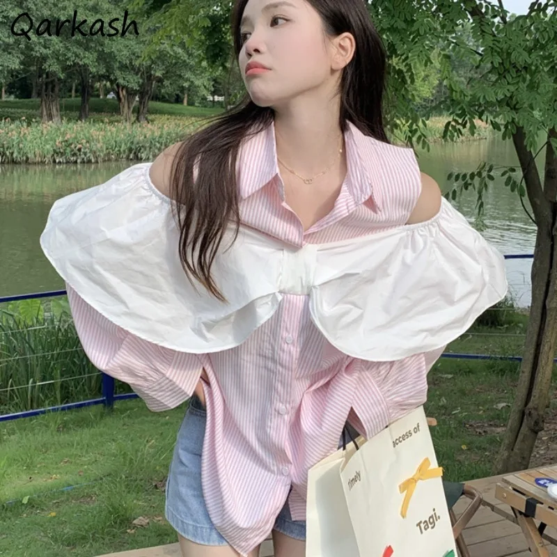 Pink Striped Shirts Women Korean Style Sweet Girls Off Shoulder Design Single Breasted Students Spring Long Sleeve Loose Trendy