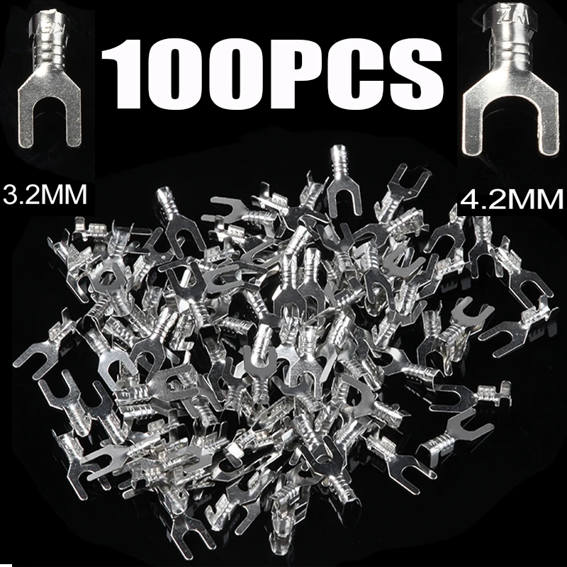 100Pcs 3.2mm 4.2mm Y-shape Wire Crimp Terminal Fork Terminal Lug Terminals Wire Naked Connector Y-Type Terminal