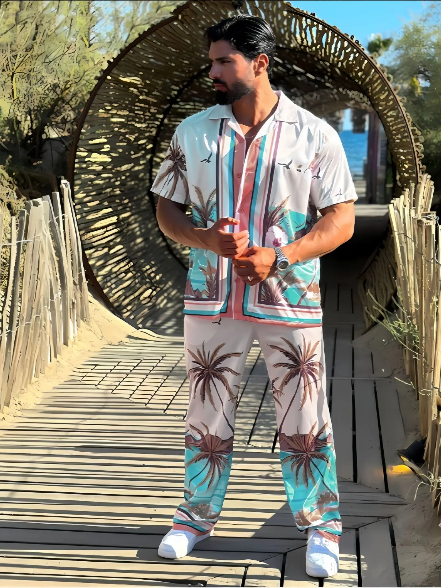 Abito da spiaggia Casual a maniche corte con stampa camicia da uomo