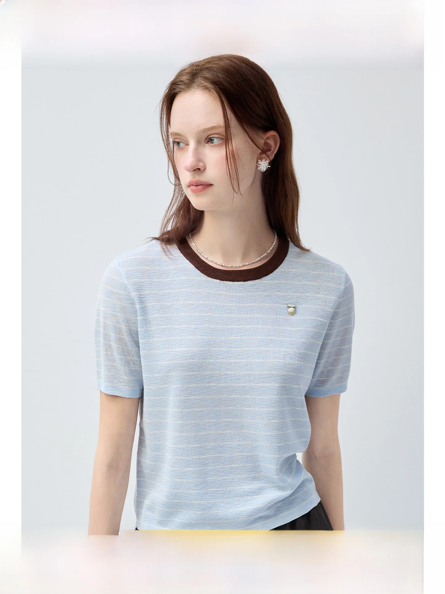 

plus Size round Neck Knitted Short Sleeve T-Shirt Slim Fit Korean Style Summer Versatile Top for Plump Women Commute Wear