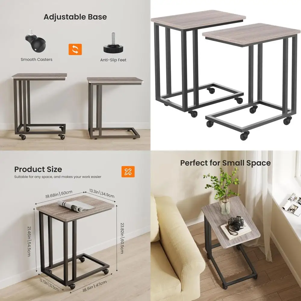 

Portable Rolling Sofa Side Table with Metal Frame and Wooden Stand, Grey, for Compact Spaces in Living Room, Entryway, and Bedro
