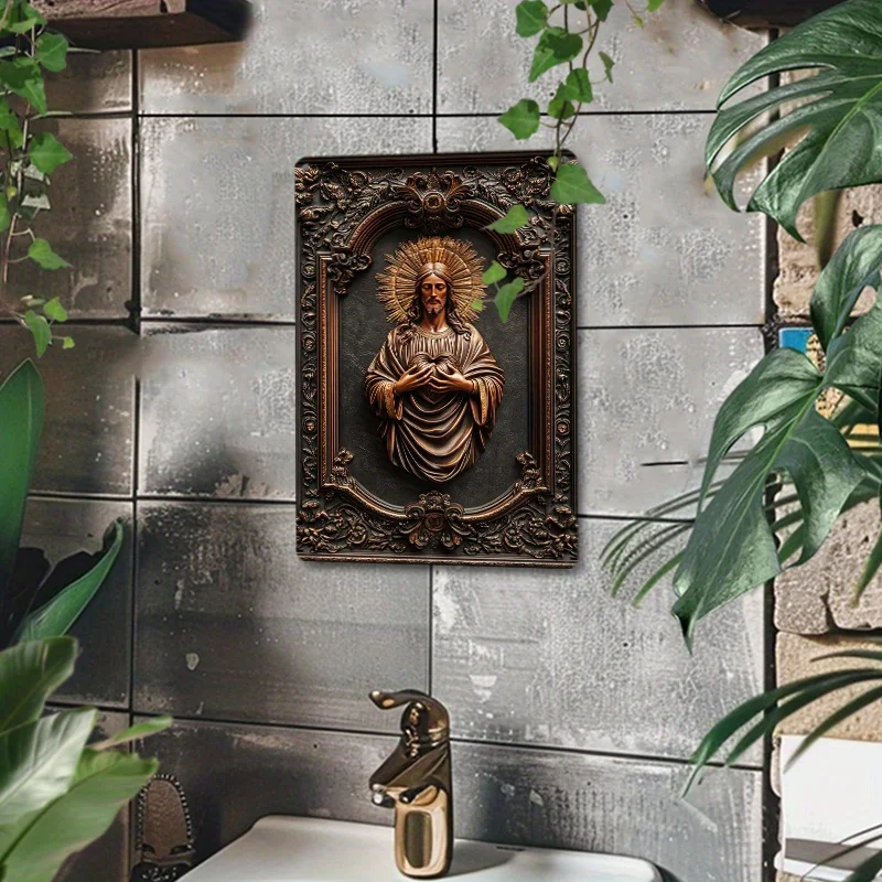 Sacred Heart Embossed Aluminum Metal Wall Art Set - High Definition Vintage Style Decor for Home, Living Room, Conference Hall