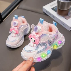 Winter Warm Sanrio Cute My Melody Kuromi Casual Shoes for Girl Children Led Light Sneakers Kids Toddler Walking  Anti-slip Shoes